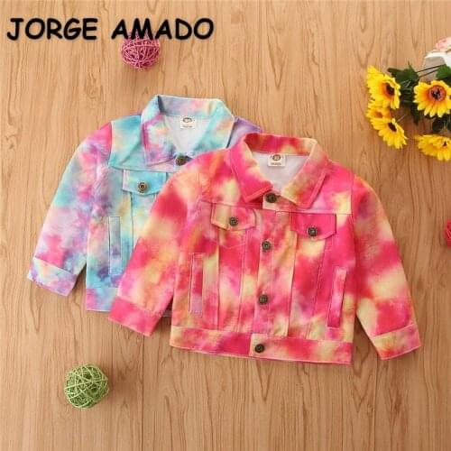 2021 New Autumn Kids Girls Boys Denim Coat Denim Tie-dyed Single Breasted Long Sleeves Fashion Jacket Children Clothes E9015