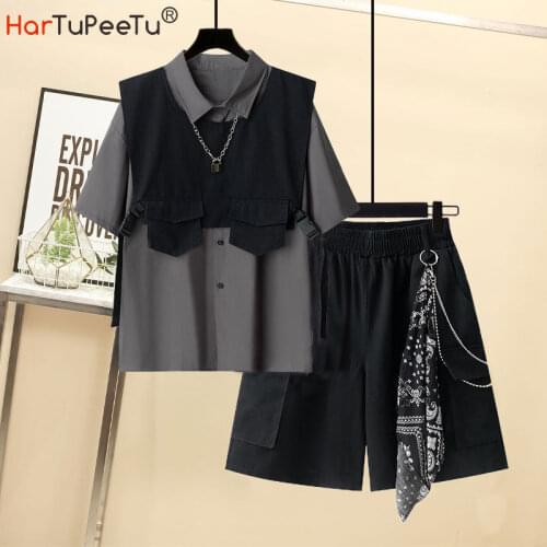 Summer Harajuku Loose Chain Cargo Shorts T Shirt +Cargo Shorts Two Piece Set Shorts Three-Piece Suit Set Street Wear Fashion