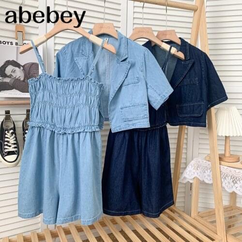 Fashion turn down collar short sleeve Denim Top + high waist pleated Wide Leg Denim Rompers two-piece set 2021 New Summer