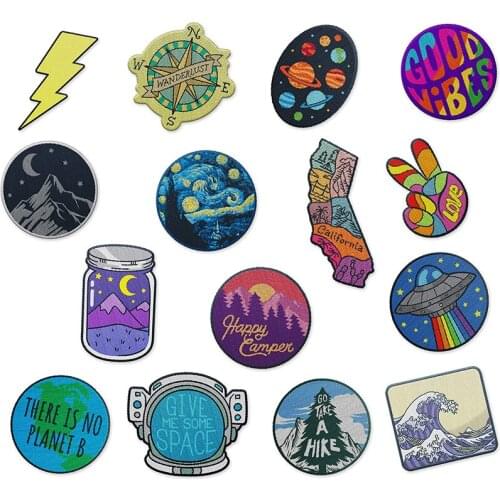 DIY Adventure Travel Patches For Clothing Mountain Camping Badge Space Stripe Iron On Patches On Clothes UFO Embroidery Patch
