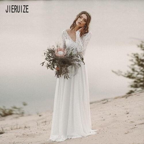 JIERUIZE New Elegant Beach Wedding Dresses V Neck Long Sleeves A Line Backless Chiffon Bridal Gowns Bride Dress vestido de noiva