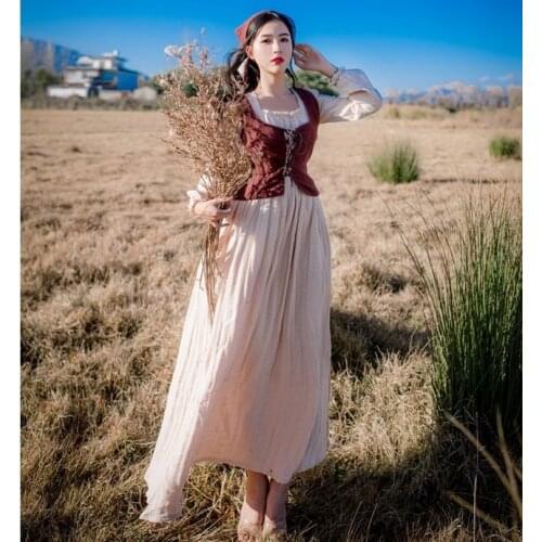 Cowboy class Original retro vest two-piece cotton and linen dress slim long vintage medieval dress Renaissance princess dress