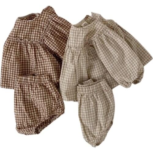 2021 Autumn Baby Girls Clothes Little Plaid Infant Girls Clothes Set Summer Puff Sleeve Blouse Bloomer 2Pcs Toddler Girls Suit