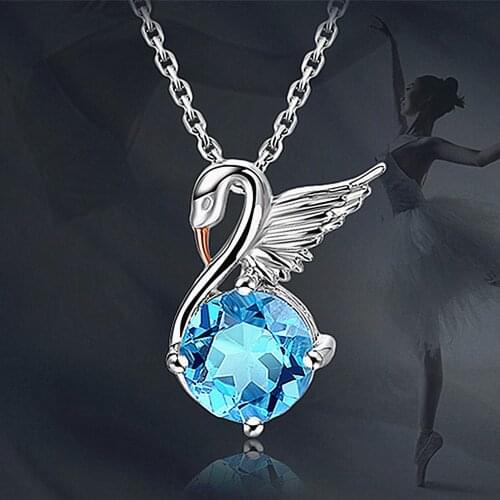 Fashion swan blue crystal aquamarine gemstones diamonds pendant necklaces for women white gold silver color choker chain jewelry