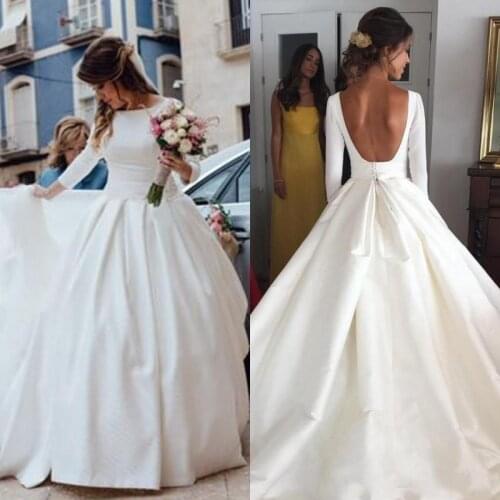 Simple Modern Cheap Wedding Dresses 2018 New Satin Bateau A Line Long Sleeves Backless Wedding Dress Sexy Bridal Gowns