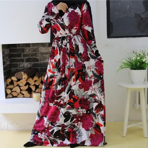 Ramadan Eid Muslim Abayas Elegant Long Flowers Printed Dresses Muslim Robes Female Fashion Prayers Clothing Islamic robes F2892