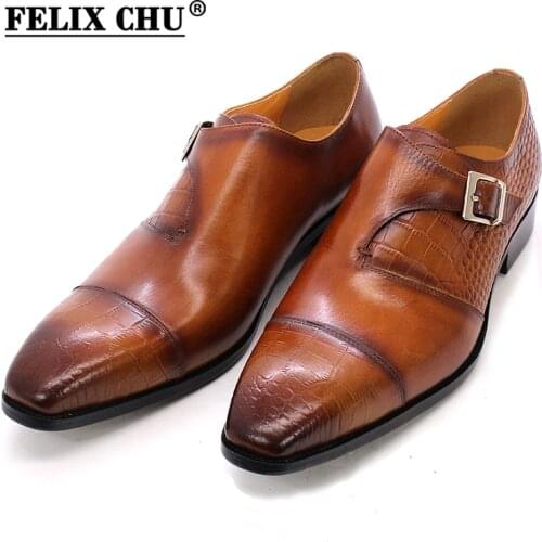 Size 6-13 Mens Dress Shoes Genuine Leather Alligator Print Buckle Monk Strap Formal Wedding Shoes Classic Party Shoes for Men