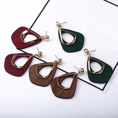 New Vintage Elegant Red Green Brown Cute Wooden Geometric Dangle Drop Creative Earrings For Women Wedding Party Gifts Jewelry