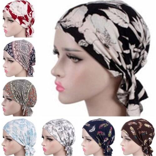 Vintage Printed Turban Cap Women Retro Ethnic Style Beanie Femme Head Wrap Elastic Indian Hat Female Muslim Chemo Hat Headwear