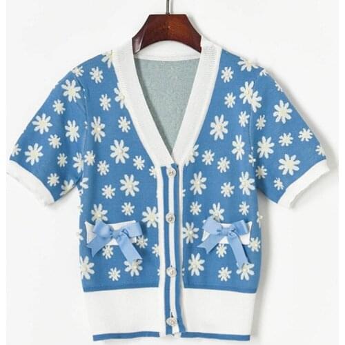 Fresh Kawaii Beading Floral Thin Cardigan Bow Short Sleeve Summer Knitting Blouses for Women 2021 Elegant All-match Woman Tops