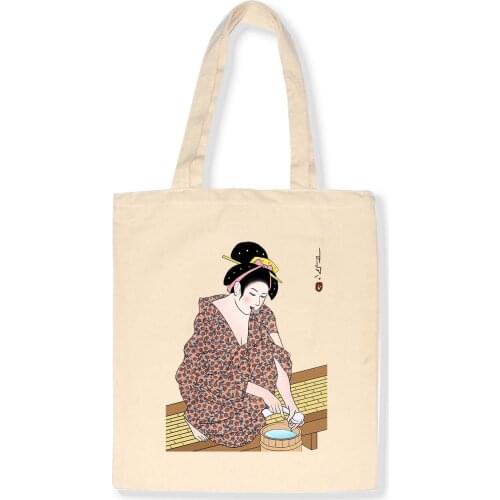 Women Canvas Shopping Bag Tote Shoulder Bag White Japan Retro Beauty Painting Printing Feminina Eco Cotton Cloth Handbag Ladies