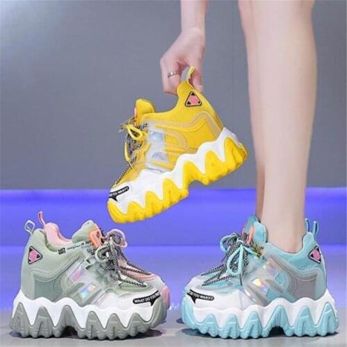 New Women Chunky Sneakers 20201 Spring Autumn Platform Ladies Lace Up Wedges Casual Shoes Female Leather Sports Dad Shoes 34-39