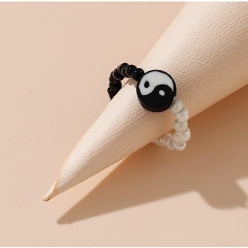 Taiji Creative Personality Rice Bead Elastic Ring Black And White Tai Chi Gossip Ring Ring Index Finger Ring For Women