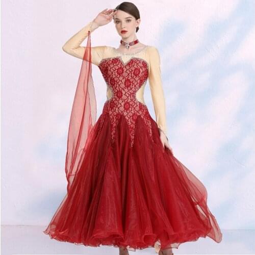 National Standard Modern Dance Competition Dress Women Elegant Long Sleeve Lace Big Swing Clothes Female Waltz Clothing DQL5077