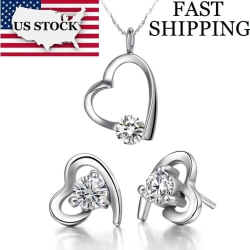 USA STOCK Uloveido Womens Heart Necklace Earring Jewelry Set Bijoux Purple Pendant Crystal Earrings Wedding Accessories T016