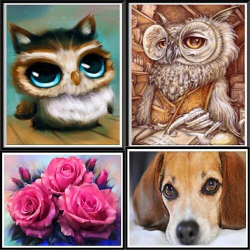 5d Diy Diamond Art Painting, Round Imitation Diamond Embroidery, Animal Dog, Owl, Rose Flower, Home Decoration Crafts