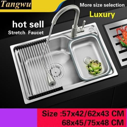 Free shipping Standard Luxury kitchen single trough sink durable food grade stainless steel hot sell 57x42/62x43/68x45/75x48 CM