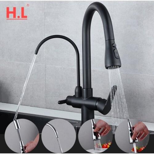 Deck Mounted Black Kitchen Faucets Pull Out Hot Cold Water Filter Tap for Kitchen Three Ways Sink Mixer Kitchen Faucet