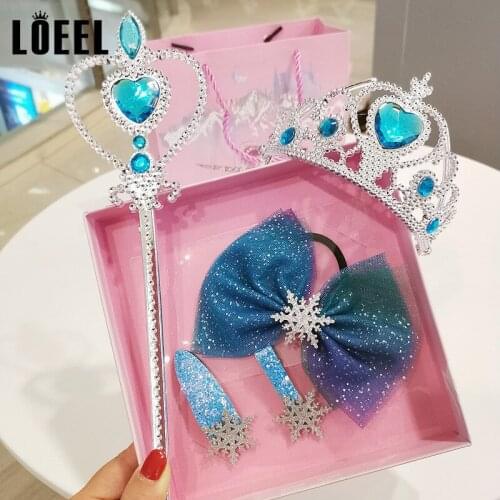 1-5Pcs/Set Children Cartoon Hair Accessories Blue Bow Ribbon Hair Clips Girls Crown Princess Headbands Headwear Set Gift Boxed