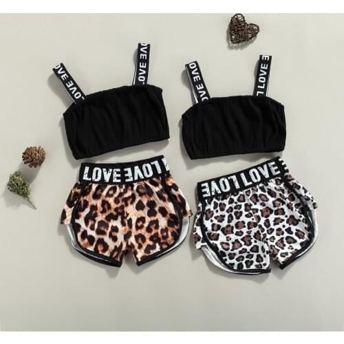 FOCUSNORM Summer Fashion Kids Girls Clothes Sets 2pcs Strap Sleeveless Letter Vest Tops Leopard Shorts Outfits 1-6Y