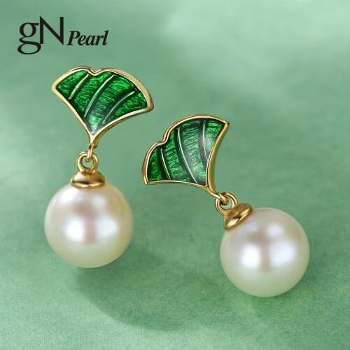 GN Pearl Green Enamel Leaf Design 7-8mm White Natural Freshwater Pearl 925 Sterling Silver Drop Earrings gNPearl Fine Jewelry