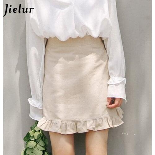 Jielur New Retro Beige Skirt Women Elegant 2021 Basic Girls High Waist Ruffle Skirt Casual Simple Fashion Skirts for Women S-L