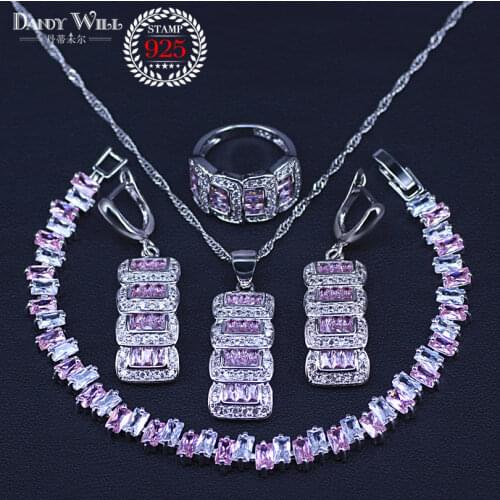 New Style Pink Zircon silver color Wedding Jewelry Sets Women Charms Bracelets Necklace Pendant Earrings Rings Set With Stones