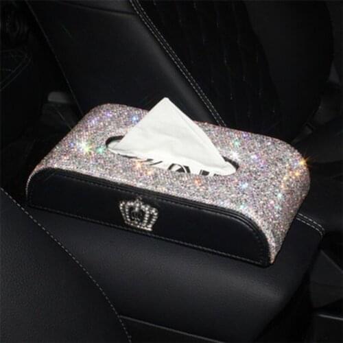 Leather Car Tissue Box Crown Crystal Rhinestone covered Holder Block Paper Storage Car Interior Accessories For Women Girls