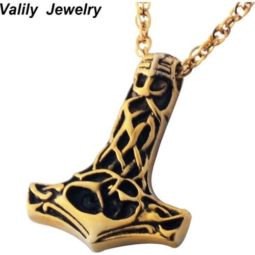 Mens Gothic Punk Knot Thor Hammer Skull Pendant Necklace,Stainless Steel Necklace Jewelry for Men, 23" Chain