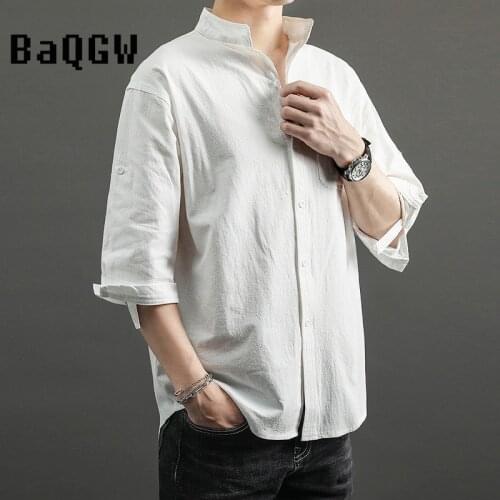 Mens Solid Blouse Cotton Half Sleeve Shirt Mens Casual Loose Single Breasted Linen Cotton Tops Shirt Spring Autum Plus Size