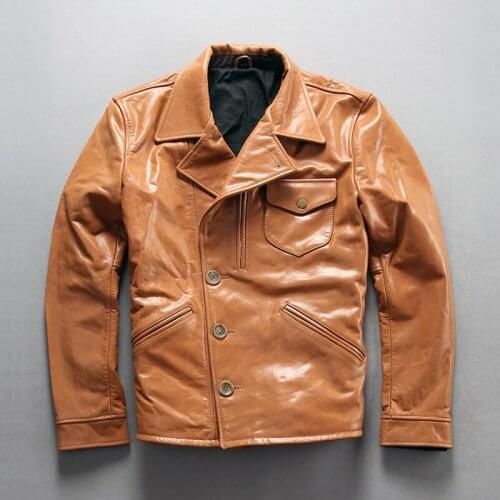 Mens Genuine Leather Coat Top Layer Cowhide Lapel Slim Fit Motorcycle Leather Jacket Tide Cowhide Jacket