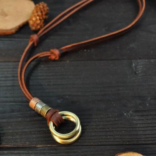 Mens Vintage PU Leather Necklace Double Circle Round Pendant Brown Chain Fashion Adjustable Party Charm Rope Jewelry