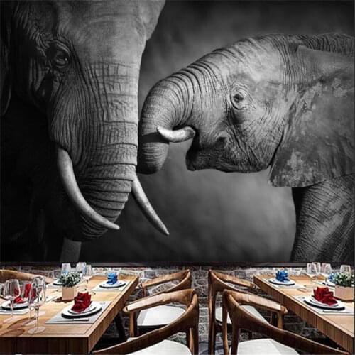Custom Size Wall Papers Home Decor Showing Affection Elephant 3D Black and White Photo Wallpapers for Living Room Bedroom Murals