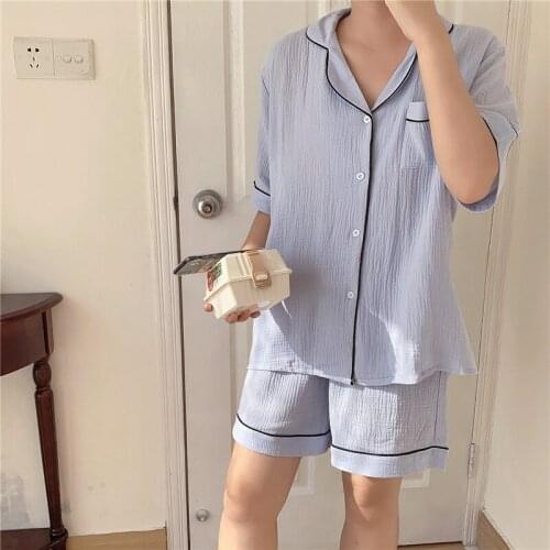 Summer Soft 100% Cotton Couple Pajamas Suit Short Sleeve Tops Shorts Home Suit Loose Homewear Crep Pejama Women Sleepwear
