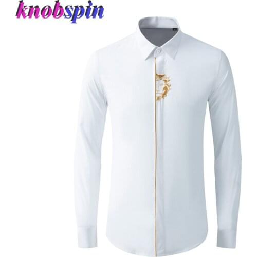 Plus size M-4XL Shirt men Elegant Lion head Embroidery Beading Chemise homme high quality Business Cotton Male Dress Shirts