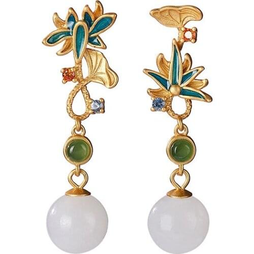 S925 sterling silver gold plated cloisonne Hetian white jade Jasper stud earrings retro temperament Lotus earring pendant for la