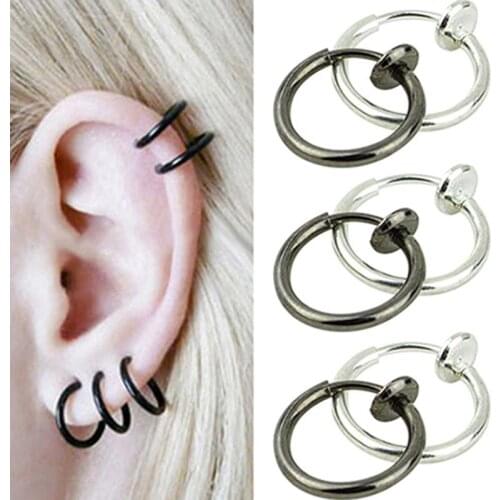 1Pc Unisex Punk Clip on ear without piercing no hole Fake Body Nose Lip Hoop Rings Jewelry Earrings for women men black silver