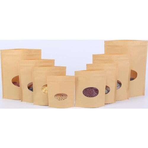 Zip Lock Standing Kraft Paper Bags with Round Window Yellow Kraft Pack Storage Dried Food Fruits Tea Electronic Product Pouches