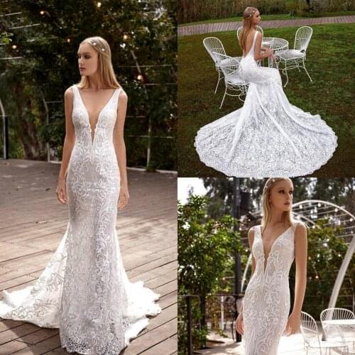 2020 Mermaid Wedding Dresses Deep V Neck Lace Appliques Bridal Gowns Illusion Backless Sweep Train Wedding vestido