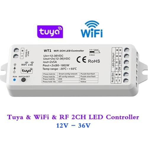 2CH Tuya LED Controller Wifi 2.4G Wireless Smart APP Cloud Voice Converter 5A/CH For DC 12V 24V 36V CCT Signal Color Led Strip