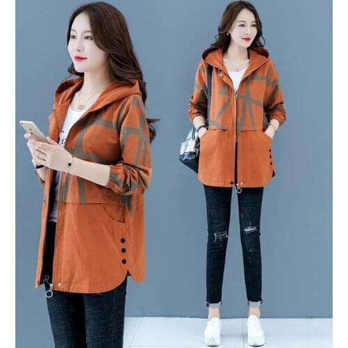 Women Trench Coat 2021New Print Hooded Outerwear Loose Lined Middle-aged Female Windbreaker Basic Coat Casual Tops Plus Size 5XL