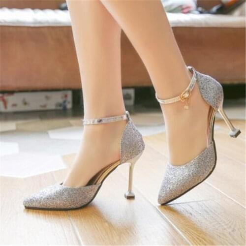 Wedding shoes female pointed shallow mouth lace single shoes wedding bridesmaid shoes banquet sequins silver high heels