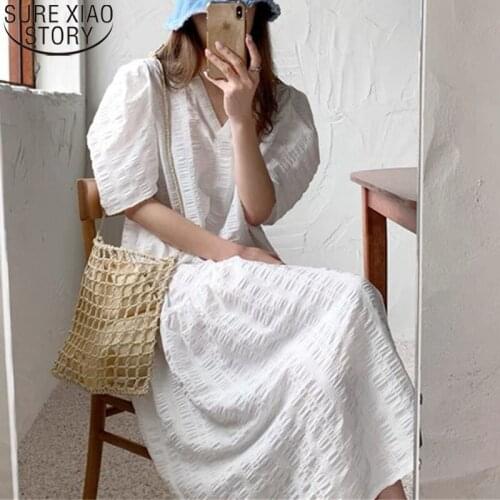 2021 Summer Dress Korean Women Solid Cotton V-Neck Long Dress Women Casual Bubble Sleeve Loose High Waist Dresses Vestido 14482