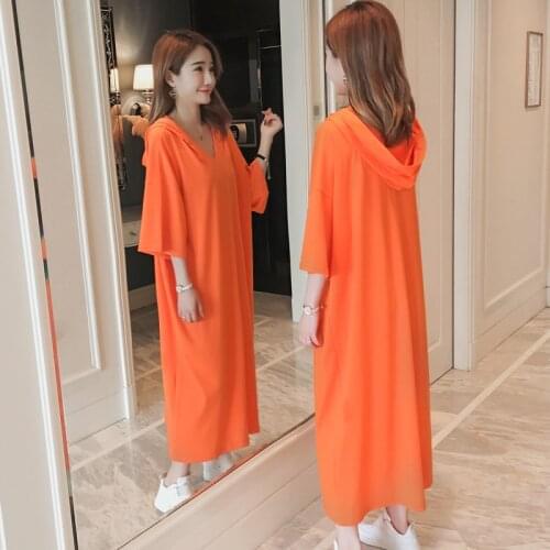 Spring summer 2019 new womens orange large size loose cotton long over knee hooded V-neck casual dress female Korean le020