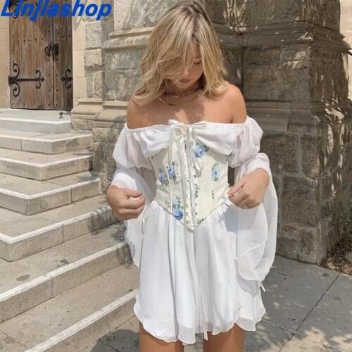 Summer White Dress Women Vintage Fashion Flare Sleeve Sexy High Elasticity Chiffon Mini Dress Two Piece Set Femme Vestidos