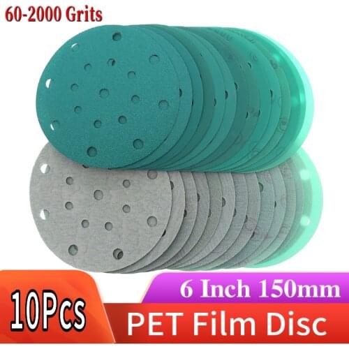 10Pcs 6 Inch 17 Holes 60 to 2000 Grits Hook and Loop PET Film Green Sandpaper Sanding Disc