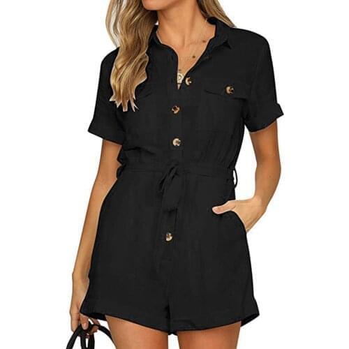 40# Bodysuit Womens Casual Solid Button Down Cuffed Short Sleeve Turn-down Collar Casual Boho Playsuit Jumpsuit Боди Женское