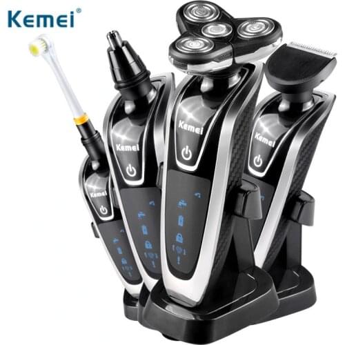 Kemei 4 blades electric shaver razor for beard hair nose trimmer LCD men electric toothbrush hair clipper with Rechargeable base