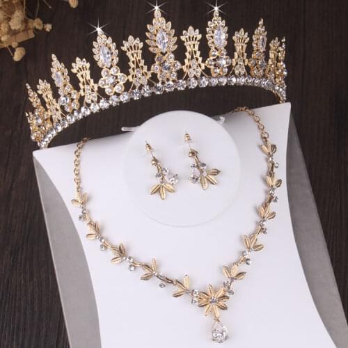 Baroque Vintage Gold Crystal Leaf Bridal Jewelry Sets Rhinestone Wedding Crown Tiara Earrings Necklace African Beads Jewelry Set