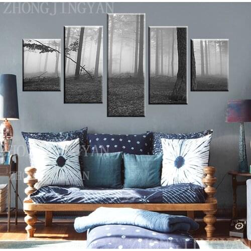 5 Panel Modular Posters Wall Art Canvas HD Printed Oil Paintings Black And White Psychedelic Forest Scenery Pictures Home Decor